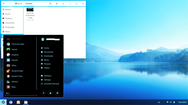Zorin OS 12.1 menuand file manager