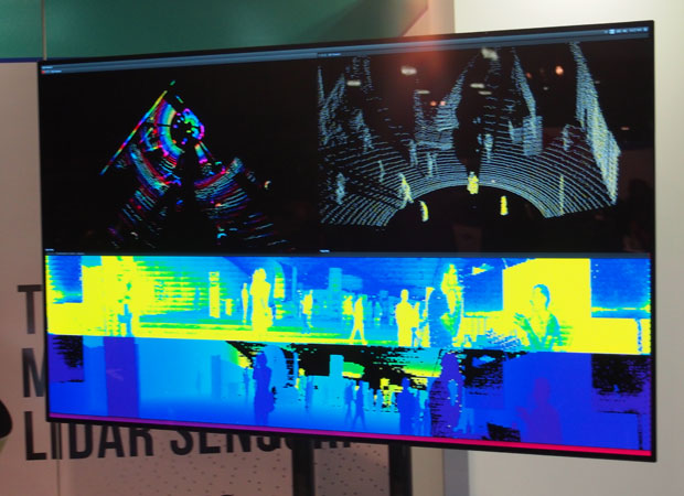 LIDAR display shows how sensors in an autonomous vehicle can track people and movement on different visual spectrums.