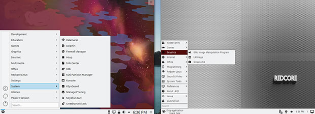 Redcore Linux two desktop options: KDE Plasma and LXQt