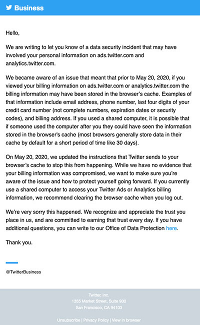 Twitter email notification June 23, 2020 data security incident