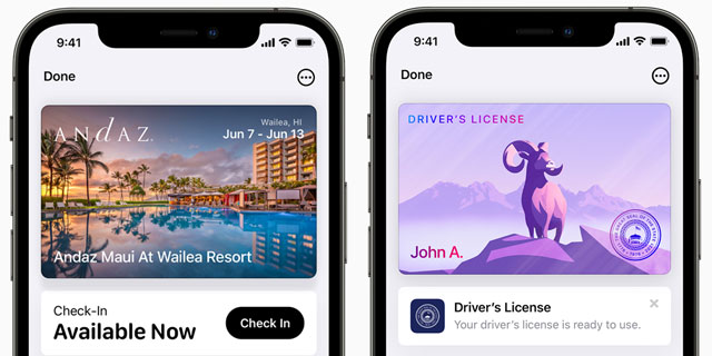 iPhone iOS 15 wallet hotel key, driver's license
