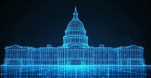 Digital wireframe of U.S. Capitol with AI grid overlay, symbolizing how artificial intelligence is transforming government contracting and CRM tools for small businesses.
