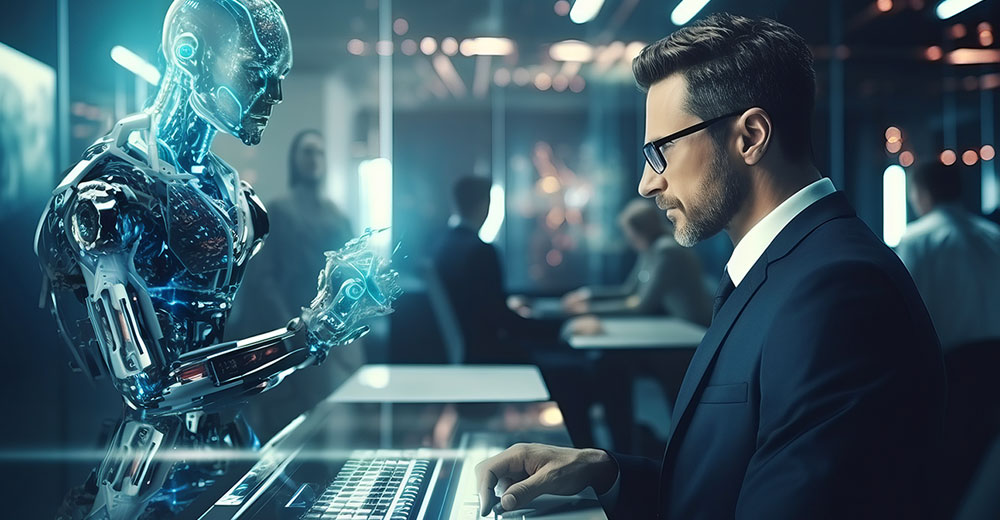Business professional negotiating with a humanoid AI robot, representing the rise of AI buying agents in B2B sales.