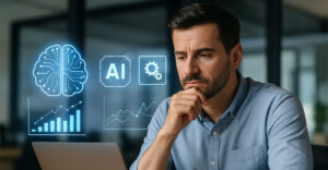 A sales professional surrounded by overlapping AI dashboards and analytics visuals illustrates the growing strain of adopting artificial intelligence without alignment in sales and CRM operations.
