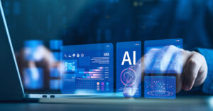 AI-enabled CRM dashboard with data and analytics panels on a laptop screen.