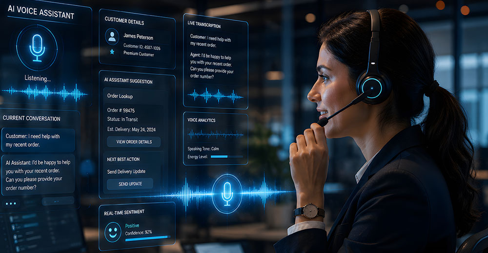 Customer service representative using a voice AI assistant to automate CRM workflows and customer interactions.